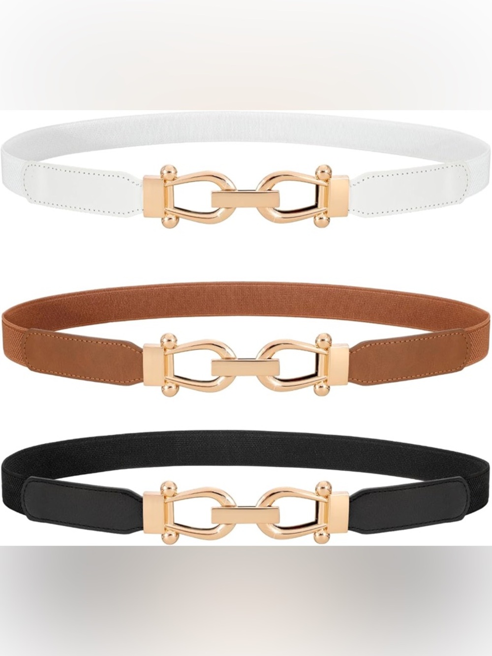 Gold-Link Elastic Waist Belt in White, Brown, and Black